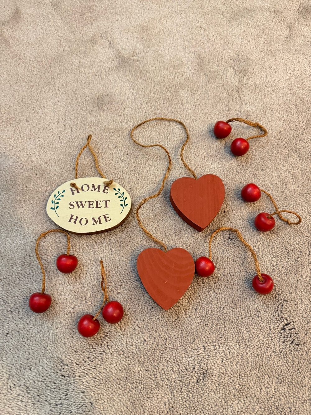 Vintage Primitive Country Wood Ornaments Hearts Cherries Home Sweet Home Lot